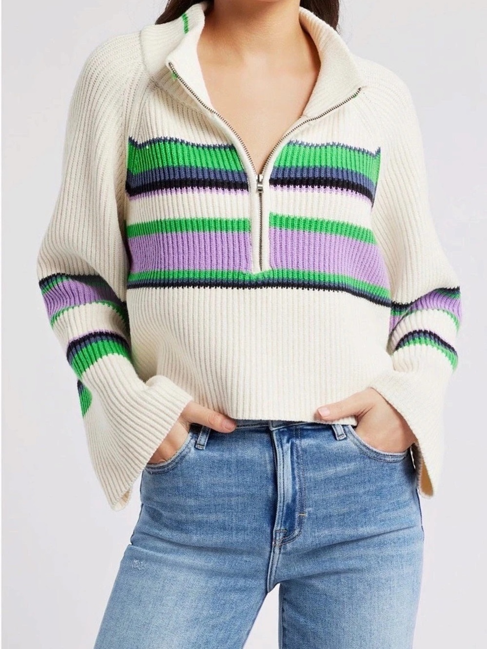 Free People Greta Stripe half-zip sweater- NWOT